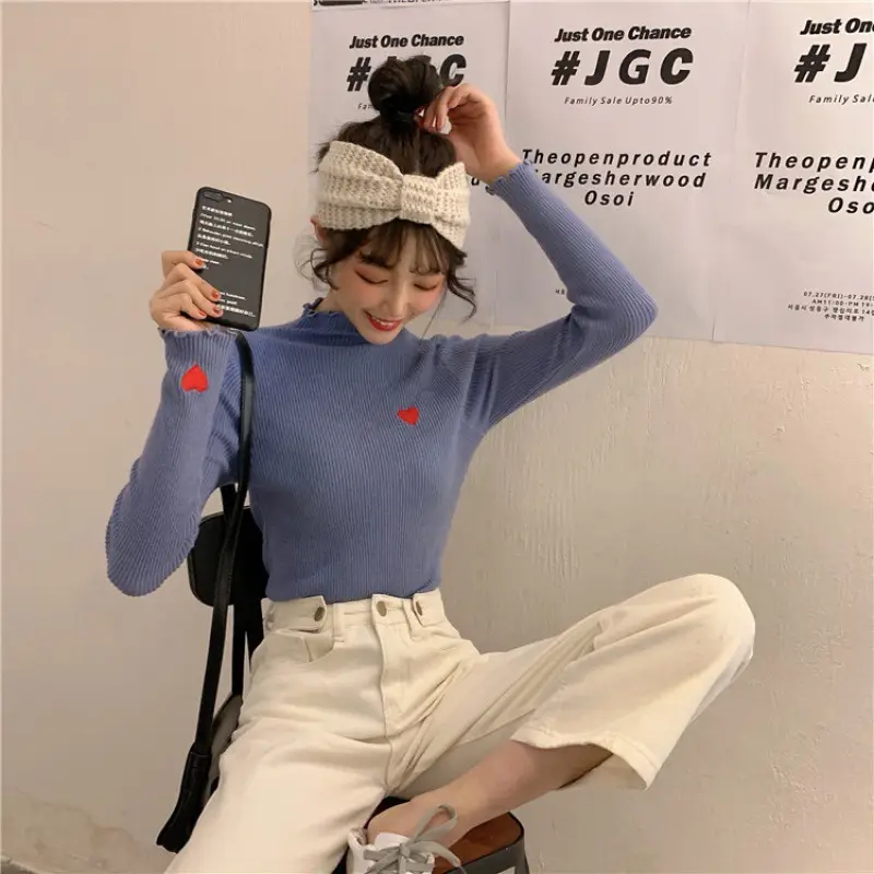 Women's Blue Slim Fit Sweater with Ear Rims - Image 2