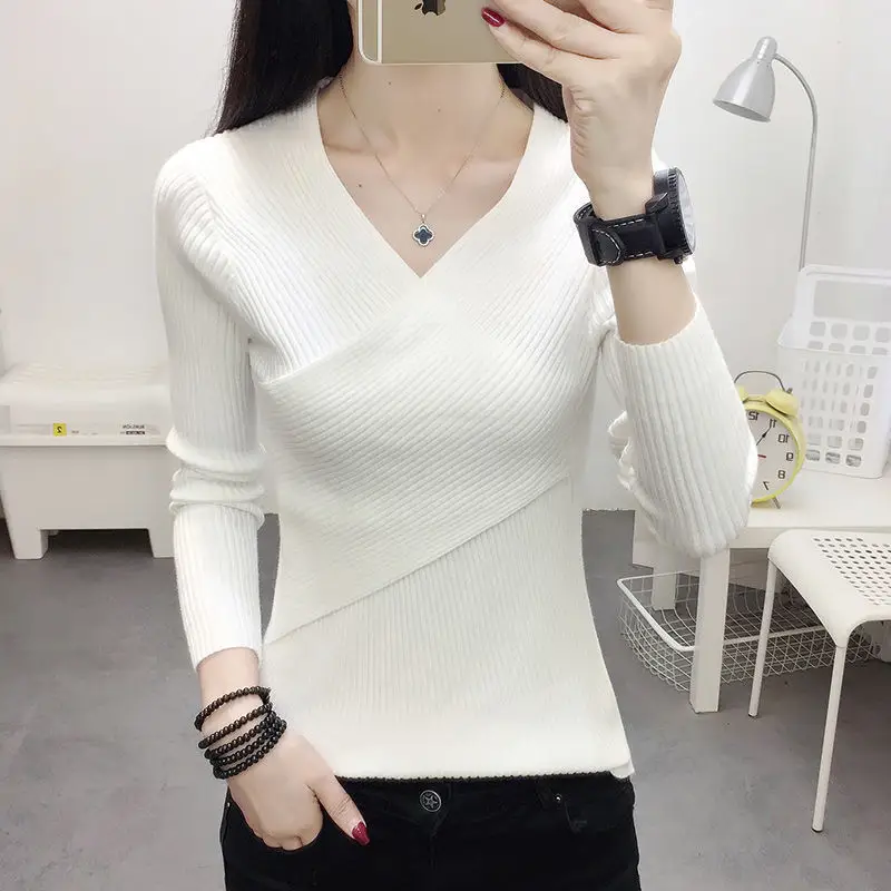 Women V-Neck Knitted Sweater White 2022