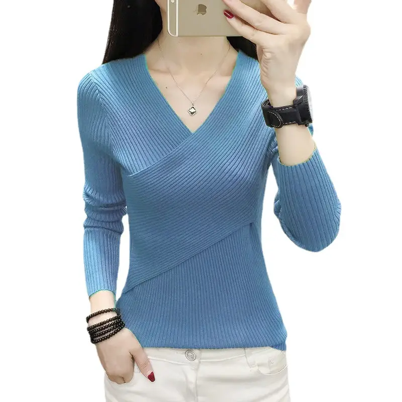 Women V-Neck Knitted Sweater White 2022