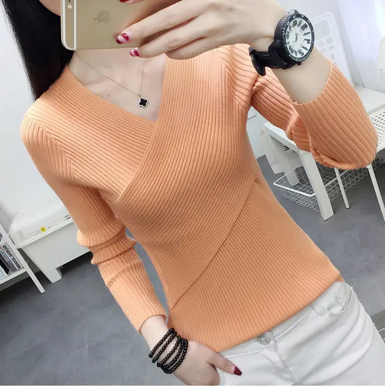Women V-Neck Knitted Sweater White 2022 — feature 10