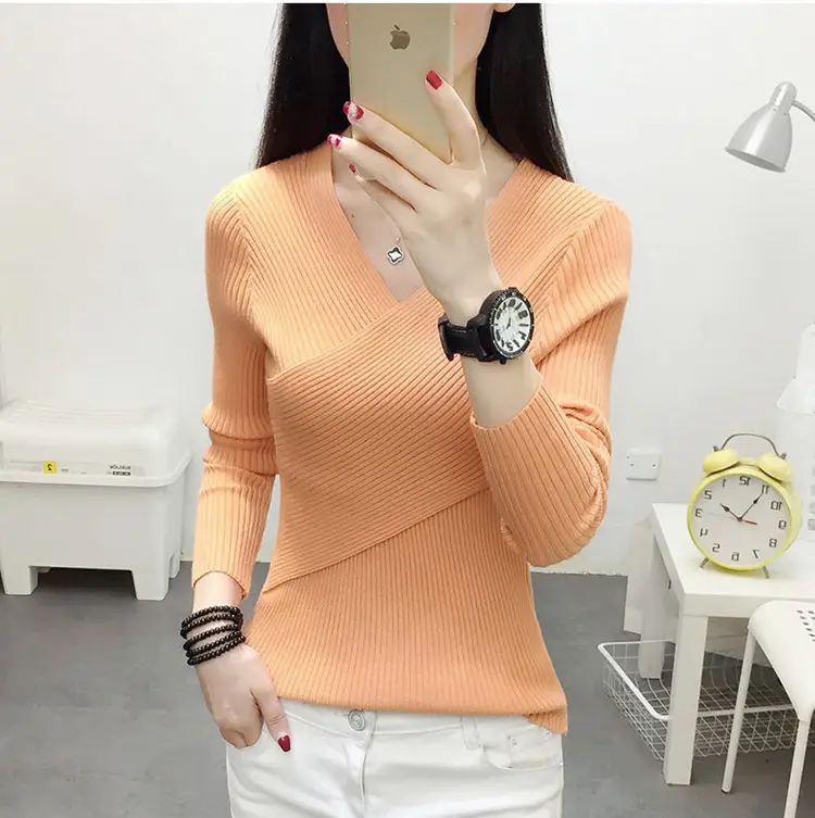 Women V-Neck Knitted Sweater White 2022 — feature 11