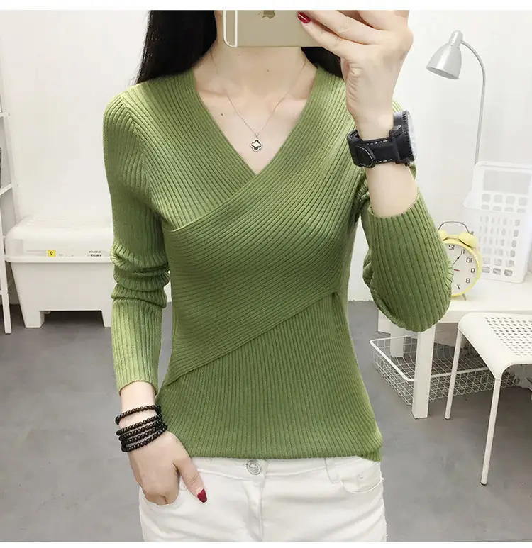 Women V-Neck Knitted Sweater White 2022 — feature 12