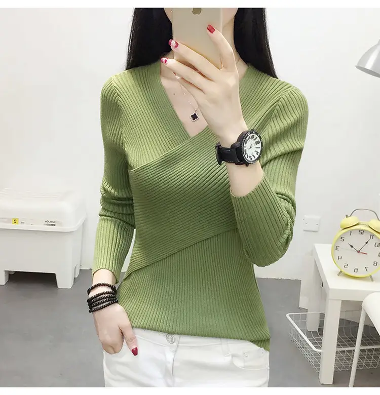 Women V-Neck Knitted Sweater White 2022 — feature 14