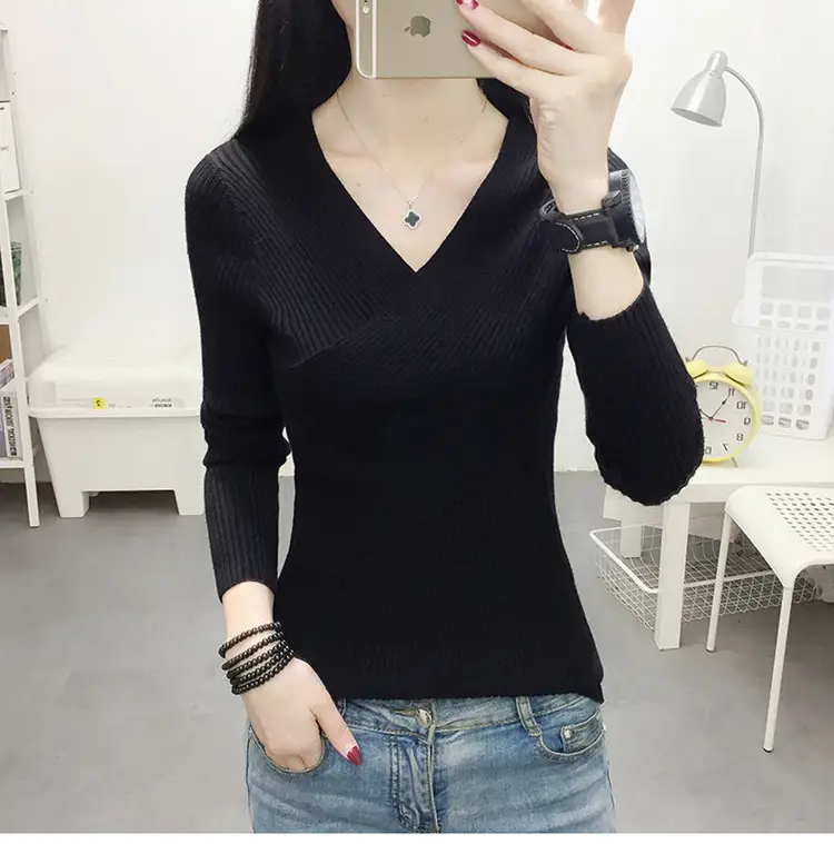 Women V-Neck Knitted Sweater White 2022 — feature 15