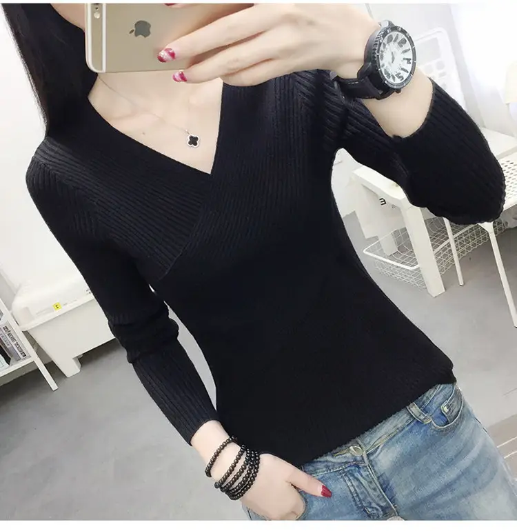 Women V-Neck Knitted Sweater White 2022 — feature 16