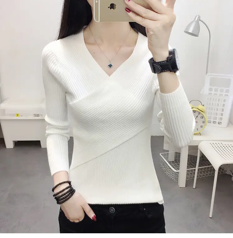 Women V-Neck Knitted Sweater White 2022 — feature 18