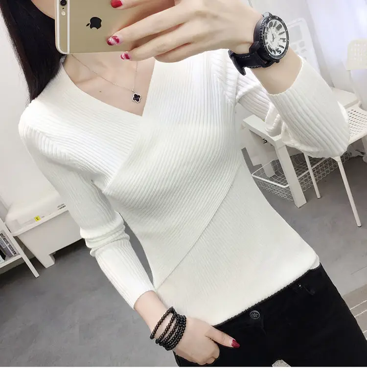 Women V-Neck Knitted Sweater White 2022 — feature 19