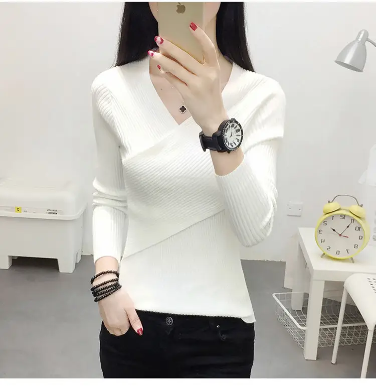 Women V-Neck Knitted Sweater White 2022 — feature 20
