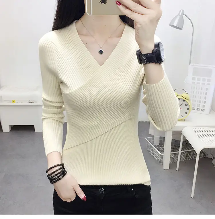 Women V-Neck Knitted Sweater White 2022 — feature 21