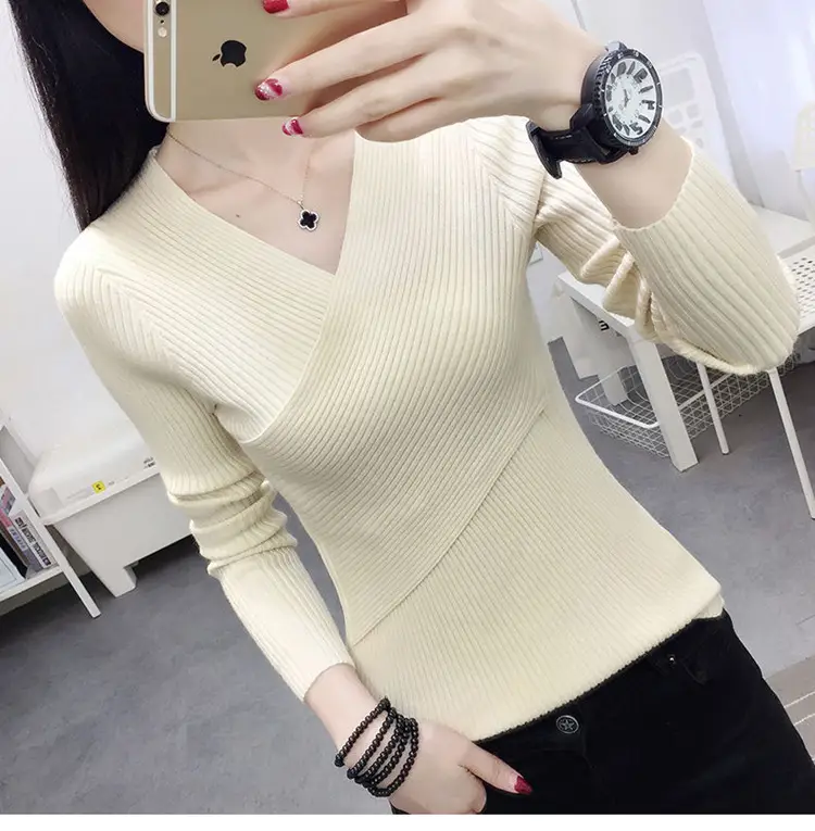 Women V-Neck Knitted Sweater White 2022 — feature 22