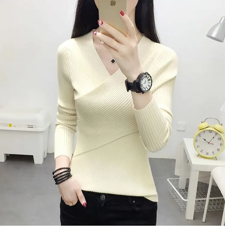 Women V-Neck Knitted Sweater White 2022 — feature 23