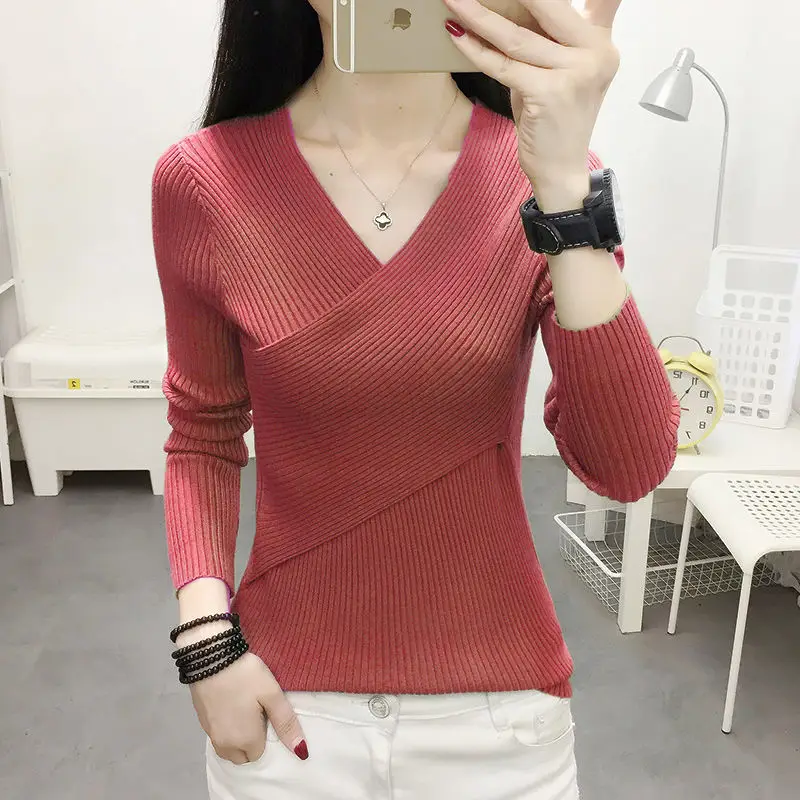 Women V-Neck Knitted Sweater White 2022