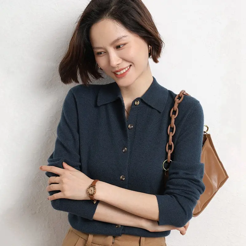 Women's Purple Polo Collar Sweater Jacket Core Spun Yarn - Image 10