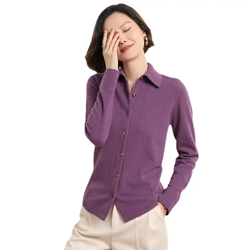 Women's Purple Polo Collar Sweater Jacket Core Spun Yarn - Image 12