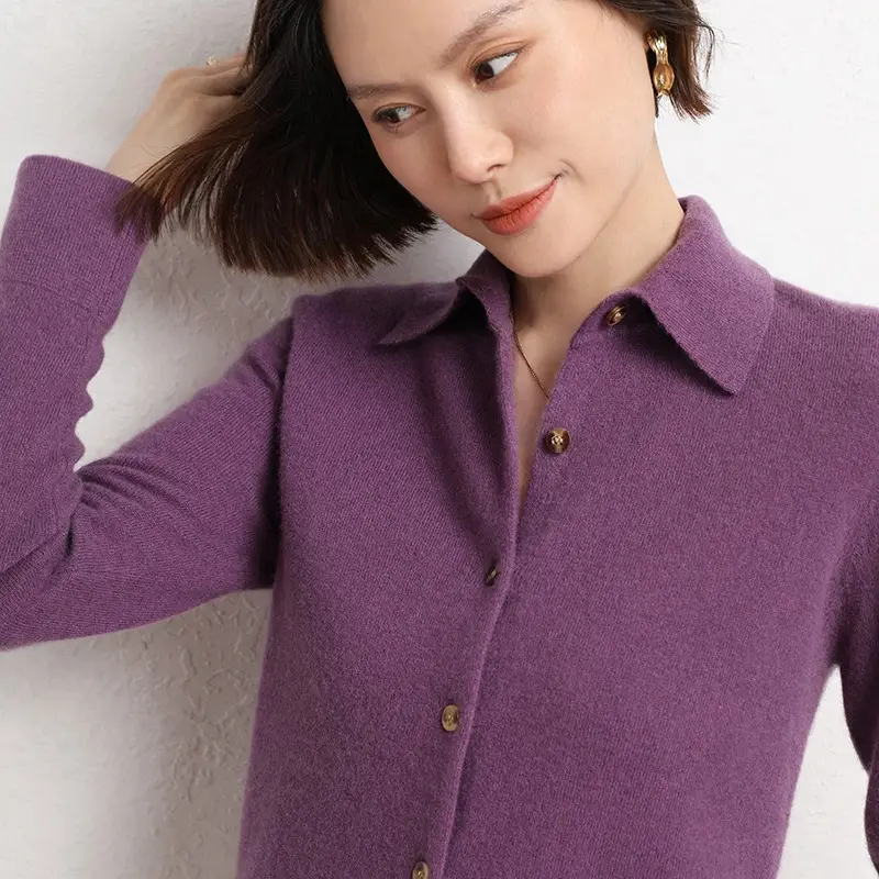 Women's Purple Polo Collar Sweater Jacket Core Spun Yarn - Image 6