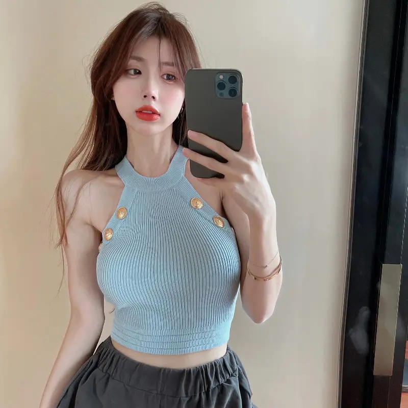 Blue Knitted Halter Neck Camisole Women 2025 Summer - Image 6