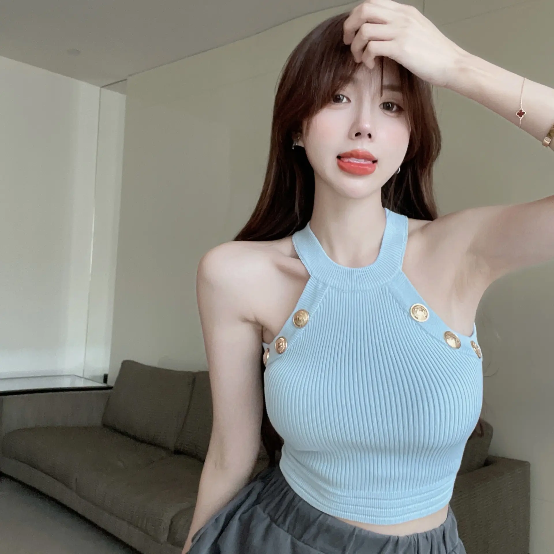 Blue Knitted Halter Neck Camisole Women 2025 Summer — feature 1