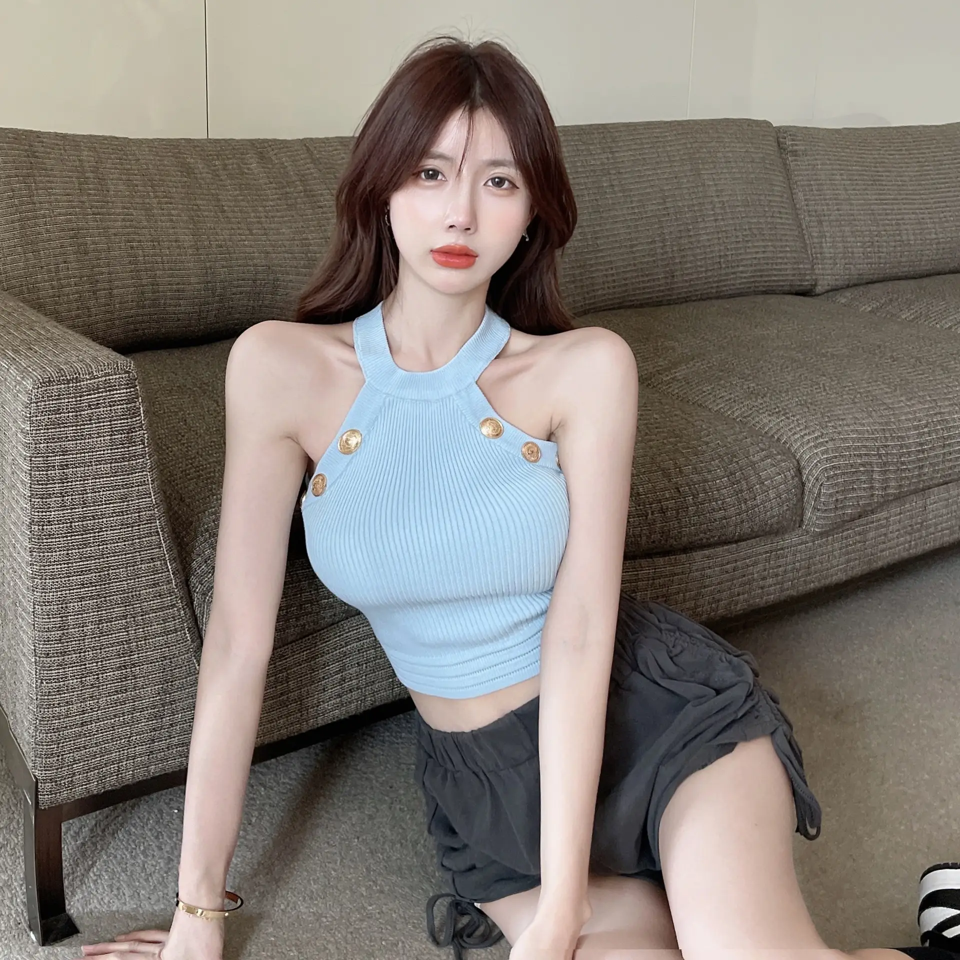 Blue Knitted Halter Neck Camisole Women 2025 Summer — feature 3