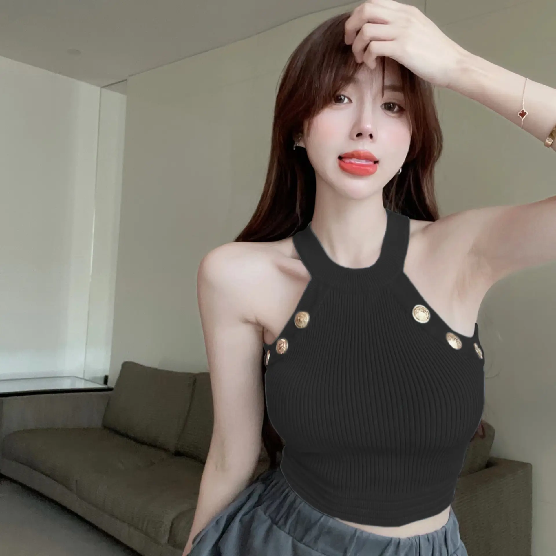 Blue Knitted Halter Neck Camisole Women 2025 Summer - Image 2