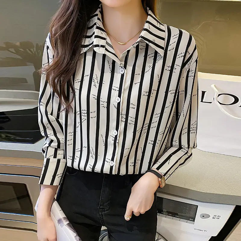 Women's Black White Striped Long Sleeve Chiffon Shirt