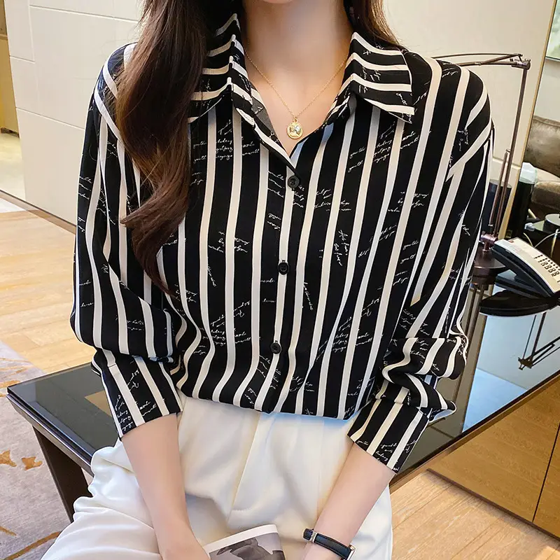 Women's Black White Striped Long Sleeve Chiffon Shirt