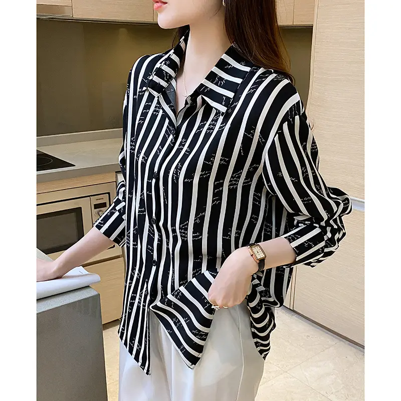 Women's Black White Striped Long Sleeve Chiffon Shirt