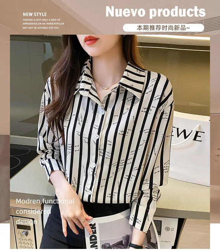 Women's Black White Striped Long Sleeve Chiffon Shirt — feature 1