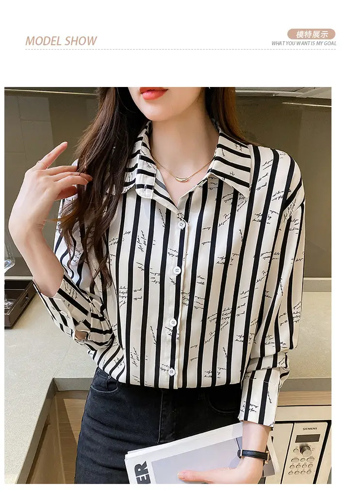 Women's Black White Striped Long Sleeve Chiffon Shirt — feature 11
