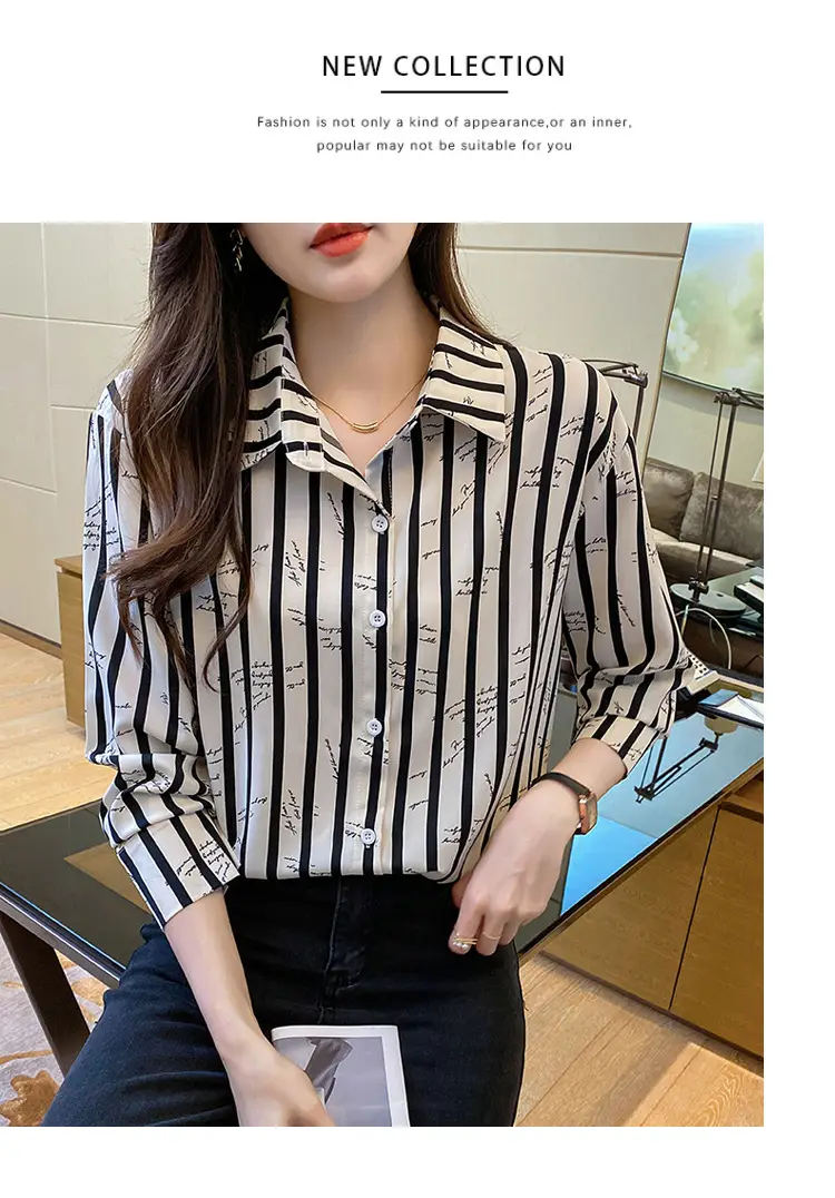 Women's Black White Striped Long Sleeve Chiffon Shirt — feature 12
