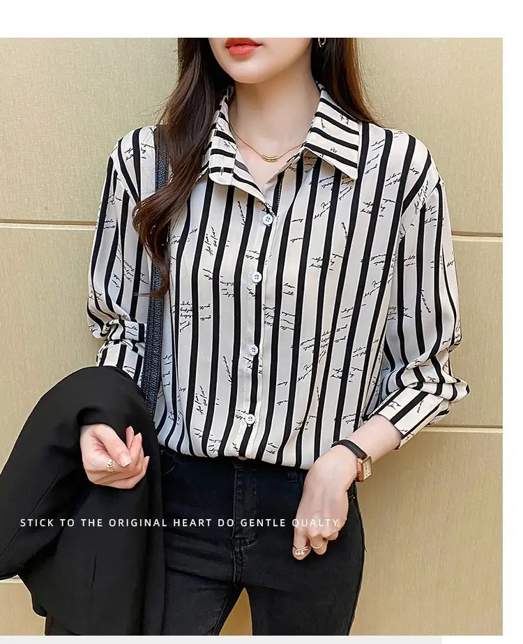 Women's Black White Striped Long Sleeve Chiffon Shirt — feature 13