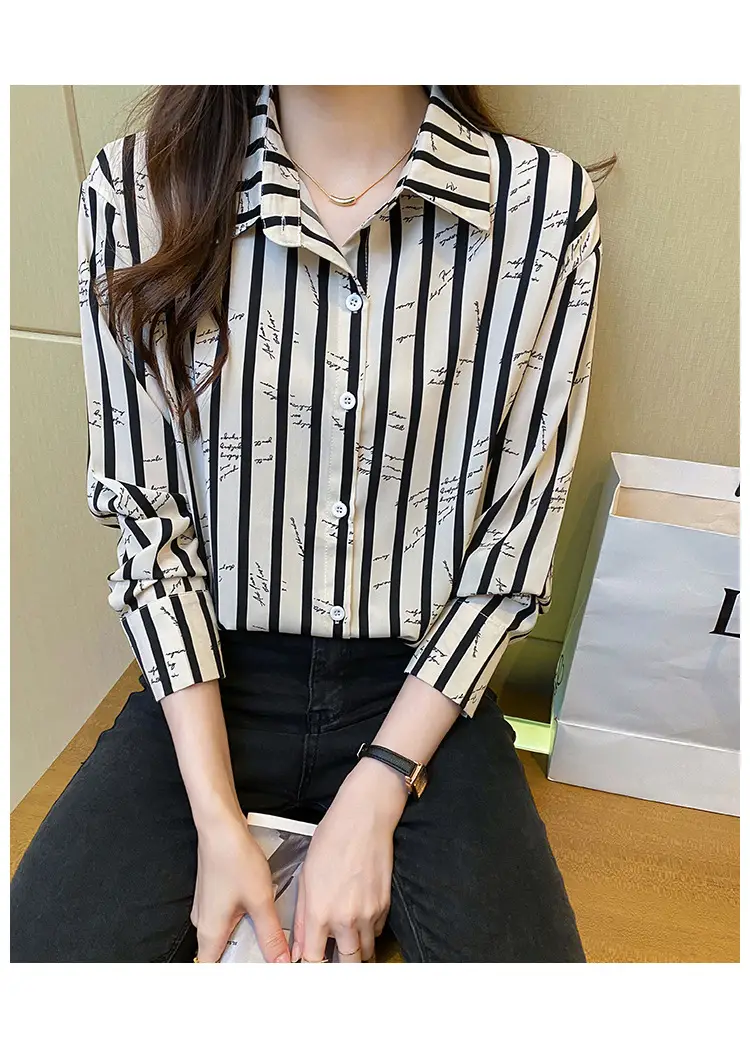 Women's Black White Striped Long Sleeve Chiffon Shirt — feature 15