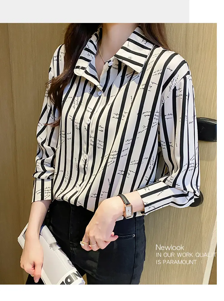Women's Black White Striped Long Sleeve Chiffon Shirt — feature 16