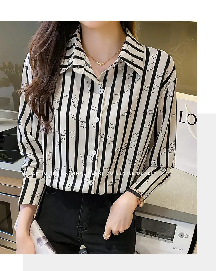 Women's Black White Striped Long Sleeve Chiffon Shirt — feature 17