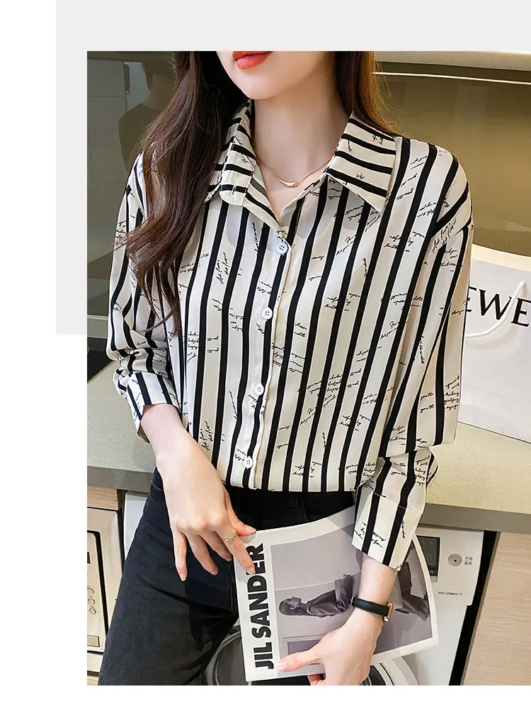 Women's Black White Striped Long Sleeve Chiffon Shirt — feature 18