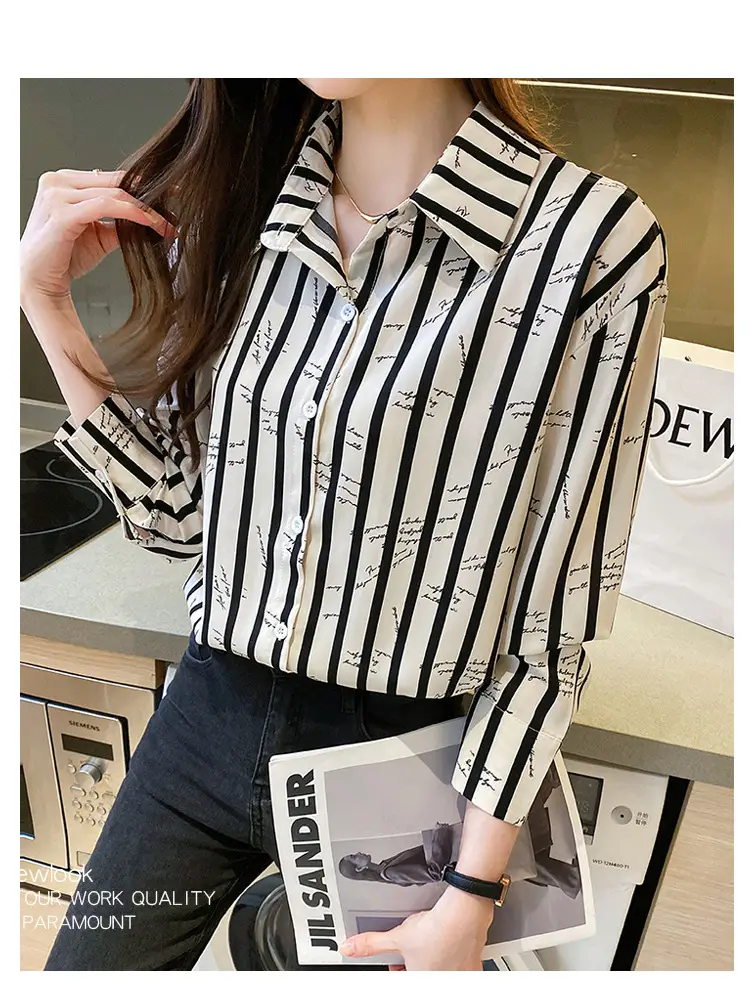 Women's Black White Striped Long Sleeve Chiffon Shirt — feature 19