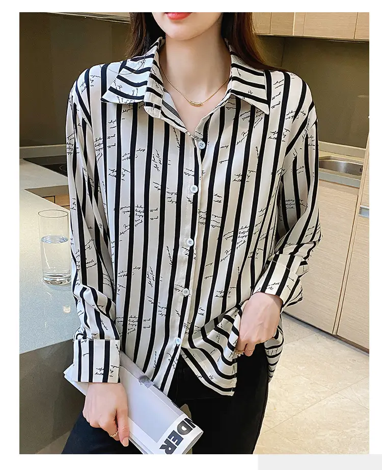 Women's Black White Striped Long Sleeve Chiffon Shirt — feature 20