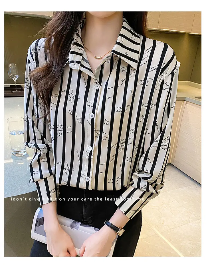 Women's Black White Striped Long Sleeve Chiffon Shirt — feature 21