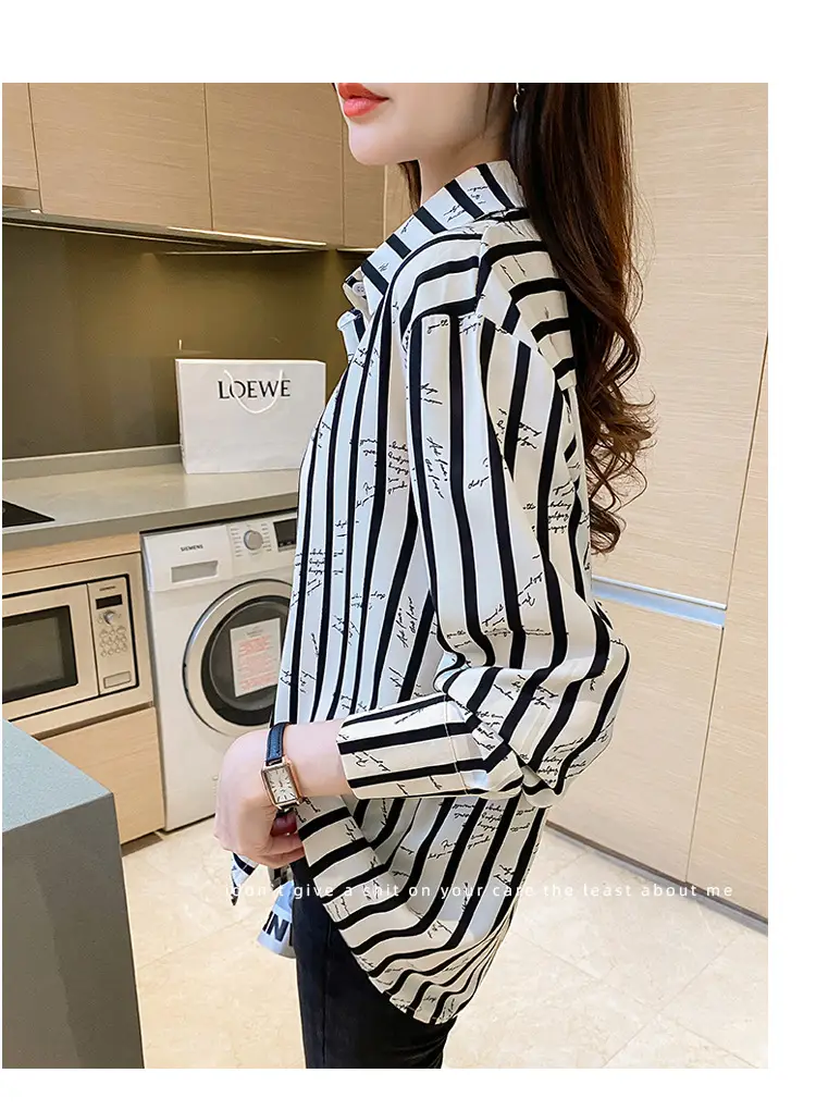 Women's Black White Striped Long Sleeve Chiffon Shirt — feature 22