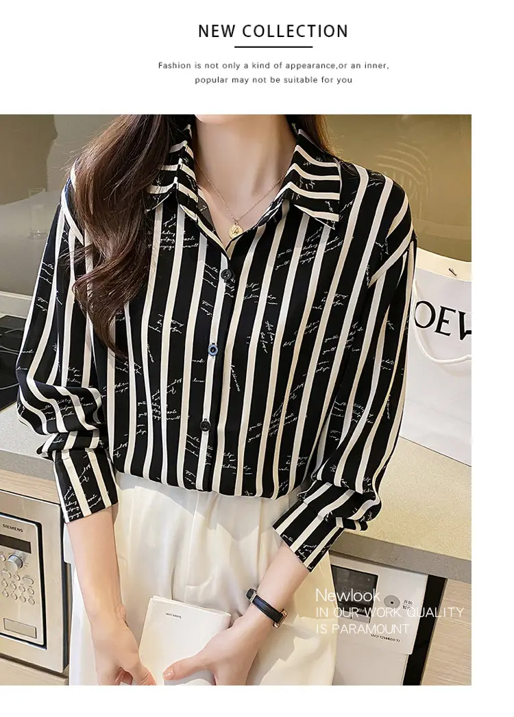 Women's Black White Striped Long Sleeve Chiffon Shirt — feature 23