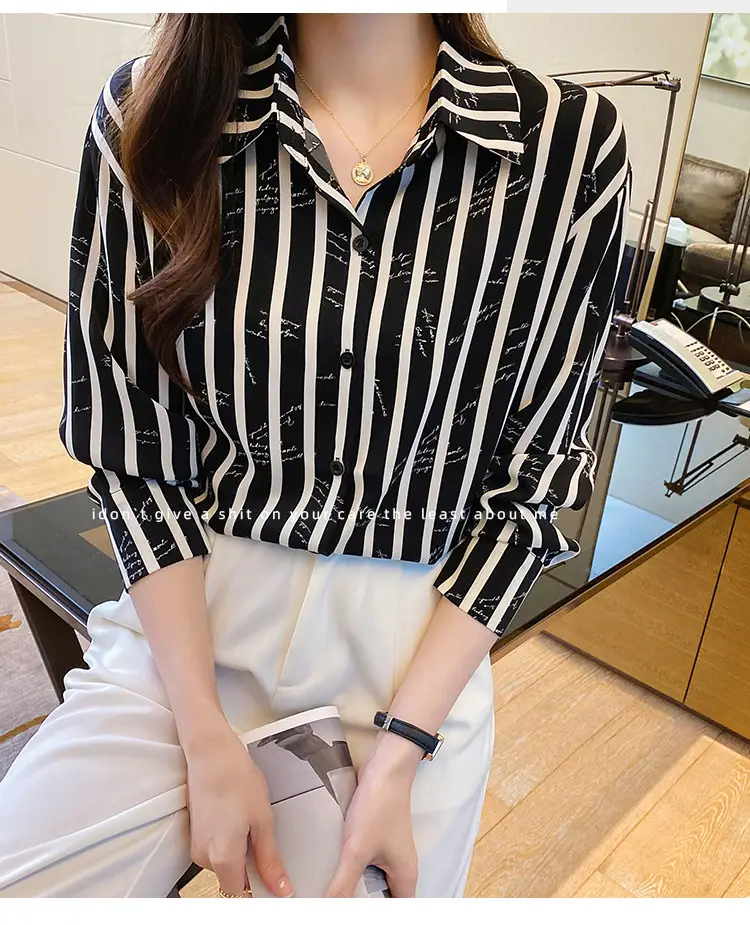 Women's Black White Striped Long Sleeve Chiffon Shirt — feature 24