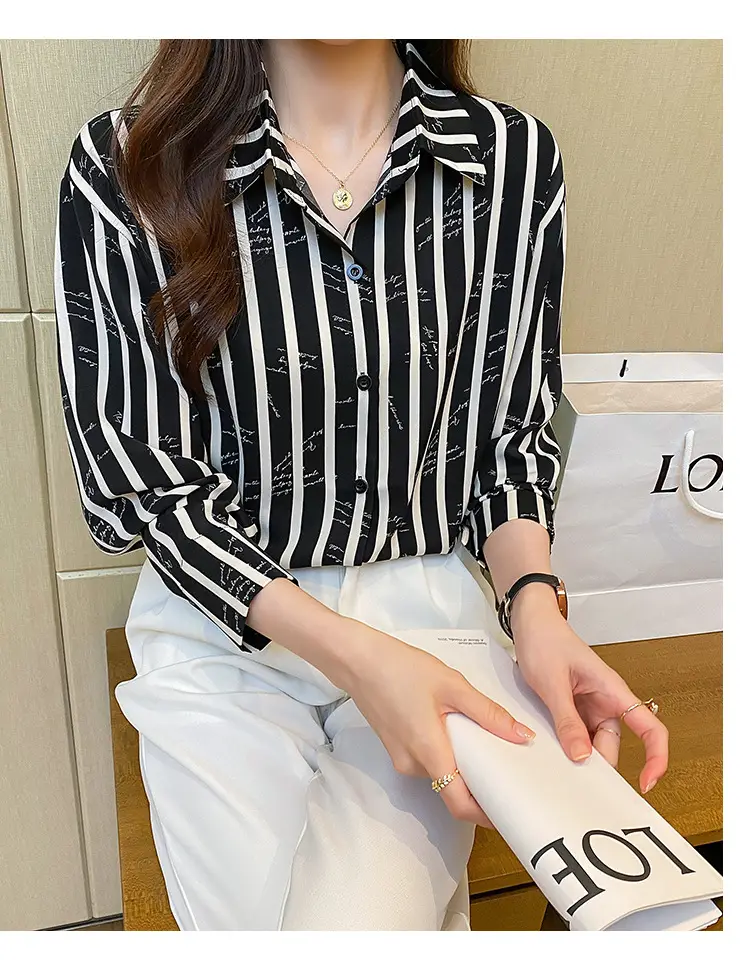 Women's Black White Striped Long Sleeve Chiffon Shirt — feature 25