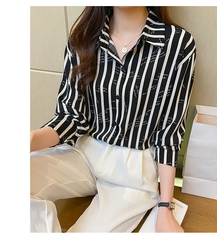 Women's Black White Striped Long Sleeve Chiffon Shirt — feature 26
