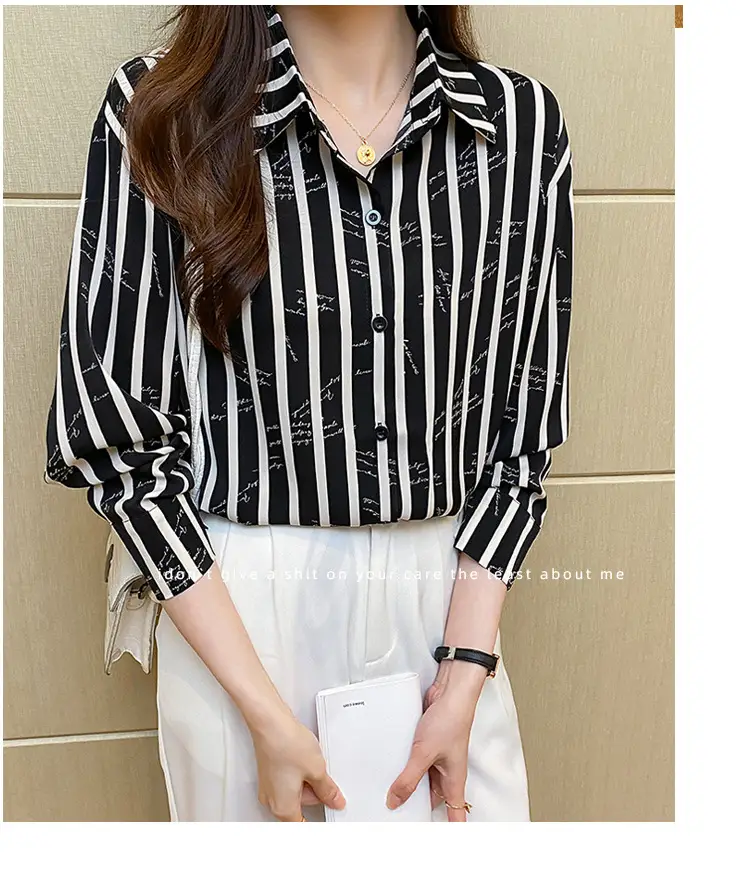 Women's Black White Striped Long Sleeve Chiffon Shirt — feature 27