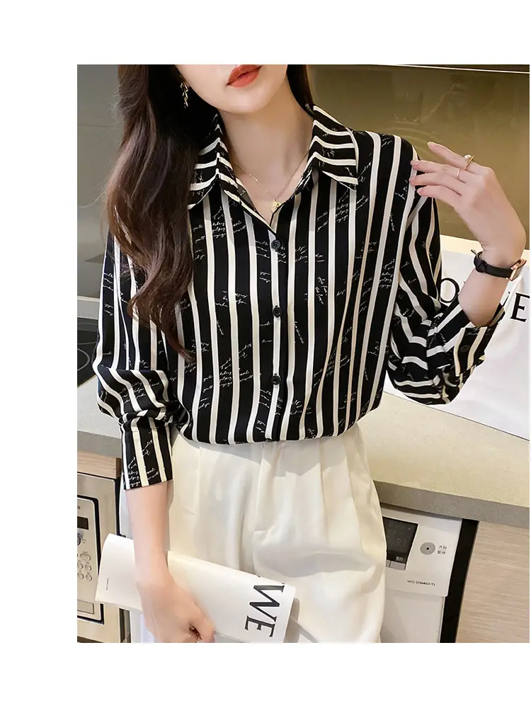 Women's Black White Striped Long Sleeve Chiffon Shirt — feature 28