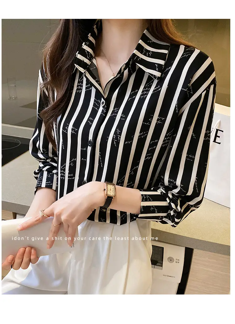 Women's Black White Striped Long Sleeve Chiffon Shirt — feature 29