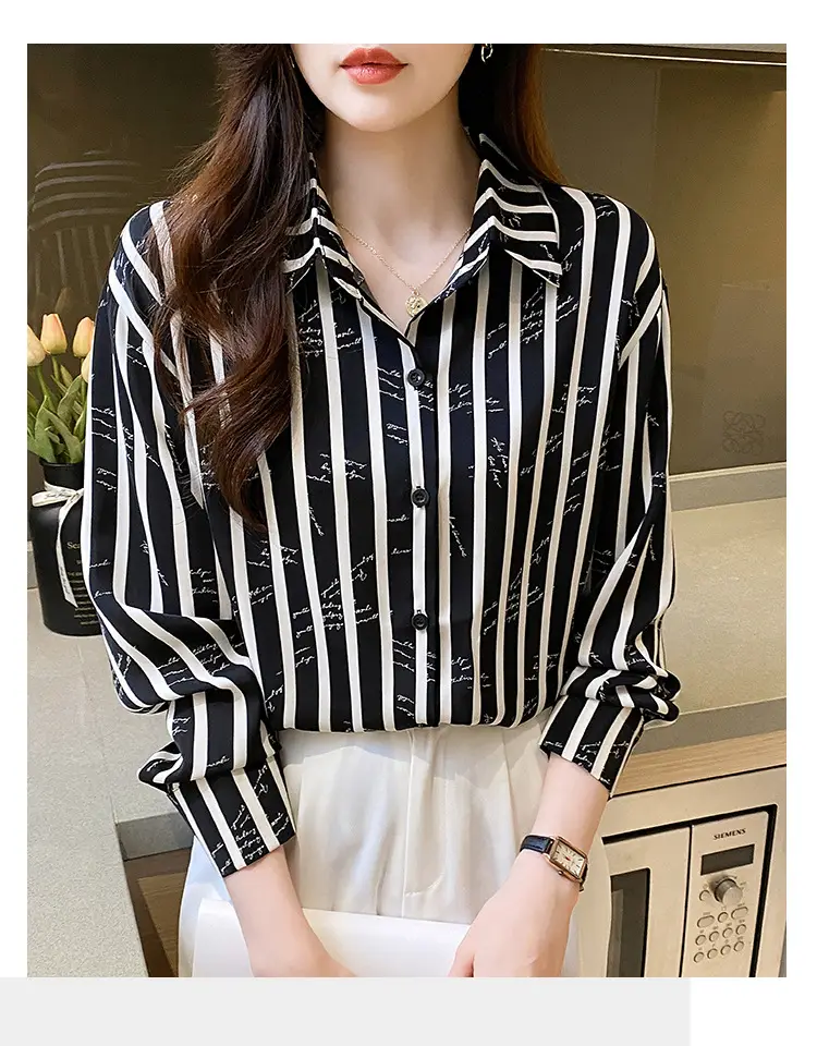 Women's Black White Striped Long Sleeve Chiffon Shirt — feature 30