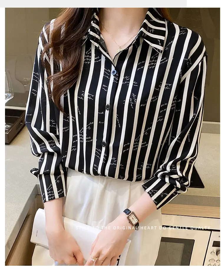 Women's Black White Striped Long Sleeve Chiffon Shirt — feature 31