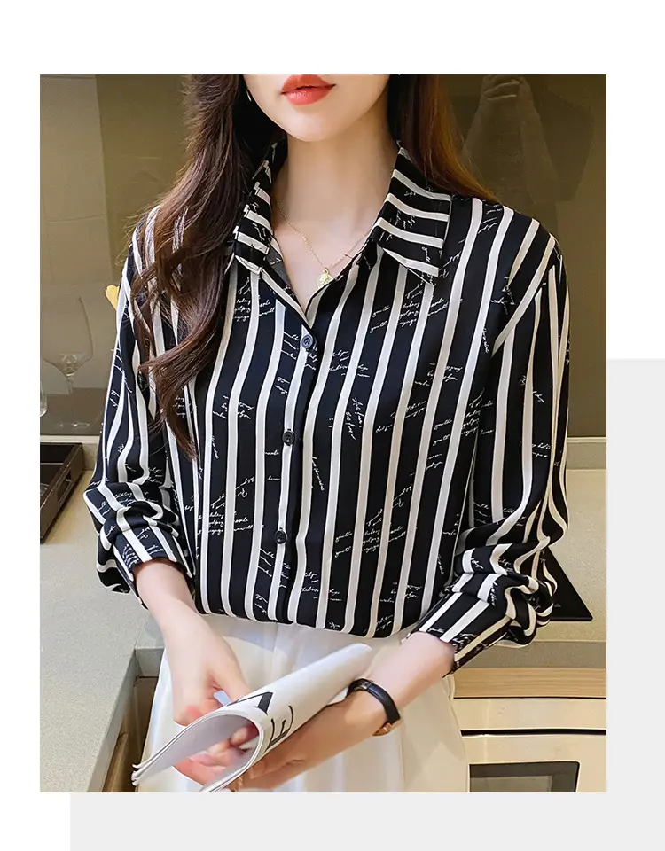 Women's Black White Striped Long Sleeve Chiffon Shirt — feature 32