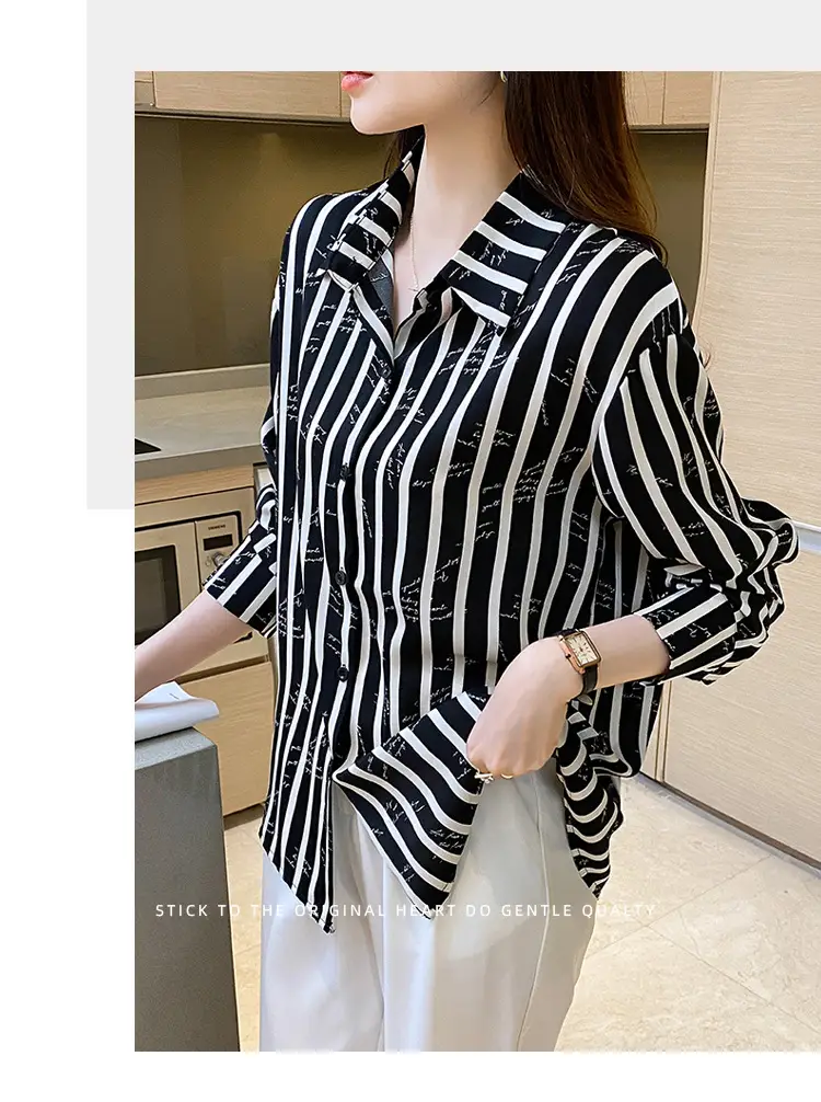 Women's Black White Striped Long Sleeve Chiffon Shirt — feature 33
