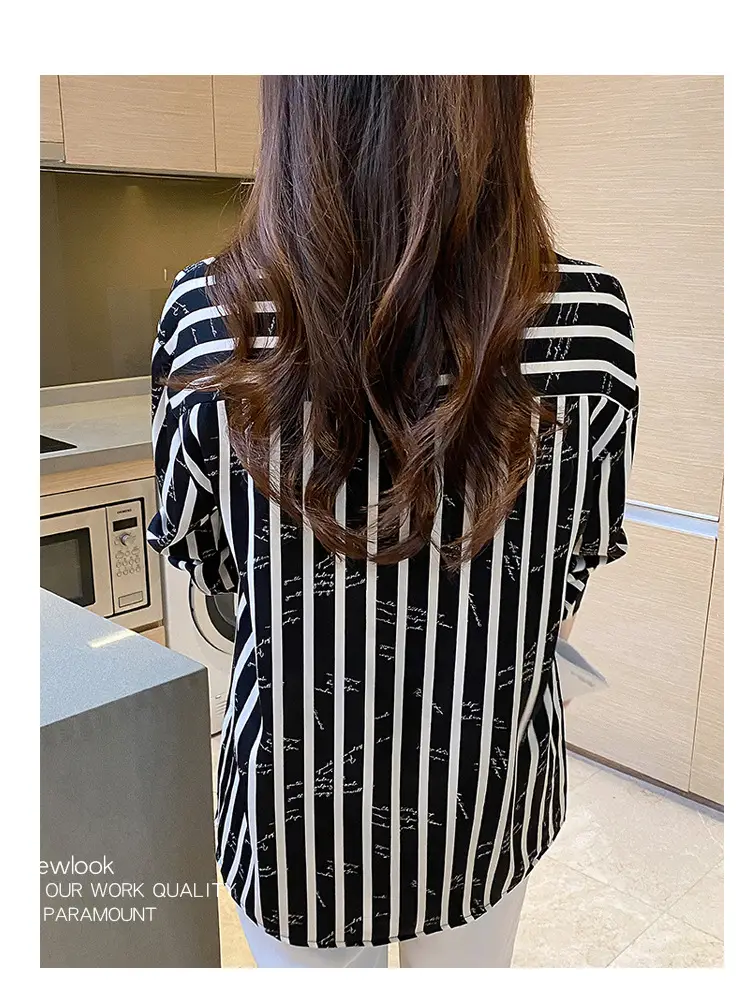 Women's Black White Striped Long Sleeve Chiffon Shirt — feature 34